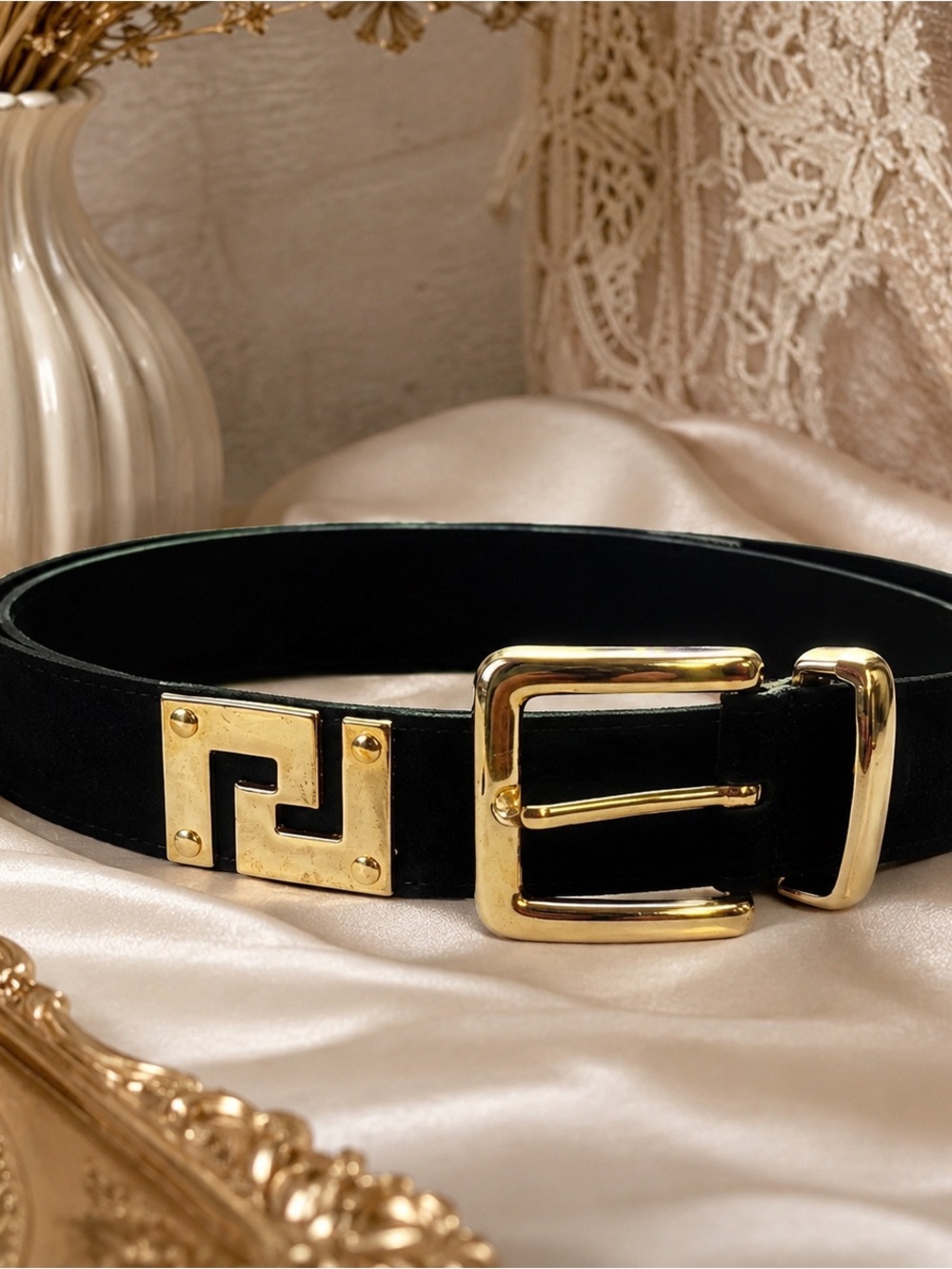 Enrico International Black Leather Belt with Gold Greek Key Hardware